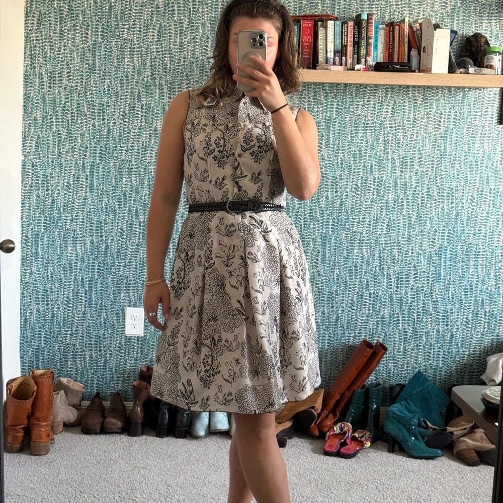 Jil Sander Navy made in Italy Silk Black and White Floral Midi Dress NWT
